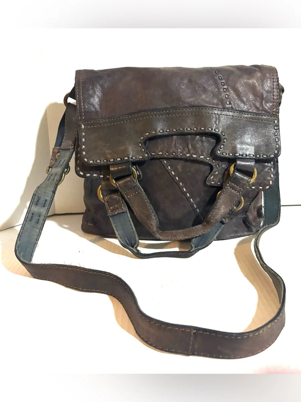 Lucky Brand distressed color blocking Dark Brown gray Leather crossbody bag